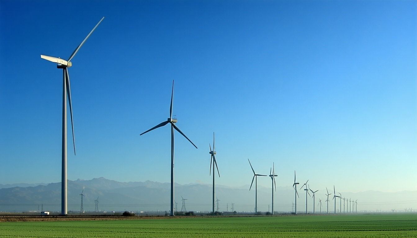 Modern wind turbines generating renewable electricity under Ratul Puri’s leadership